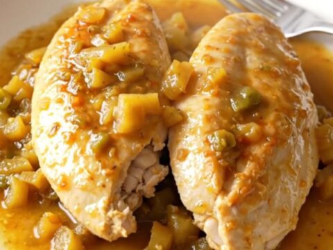A close-up of tender, braised chicken breasts topped with a colorful mixture of giardiniera vegetables.