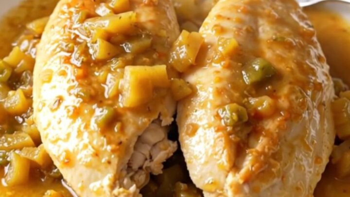 A close-up of tender, braised chicken breasts topped with a colorful mixture of giardiniera vegetables.