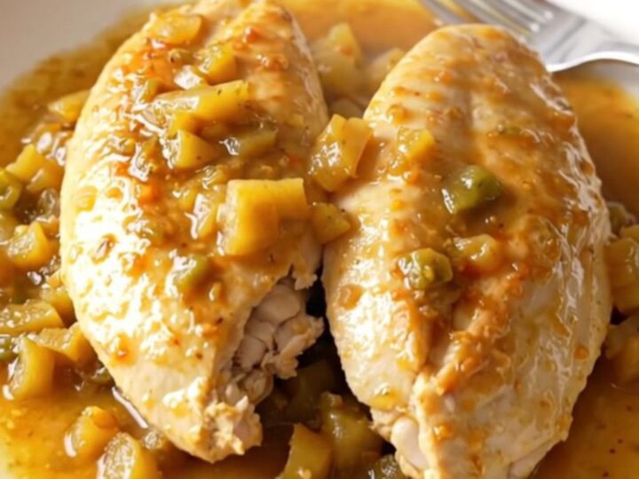 A close-up of tender, braised chicken breasts topped with a colorful mixture of giardiniera vegetables.