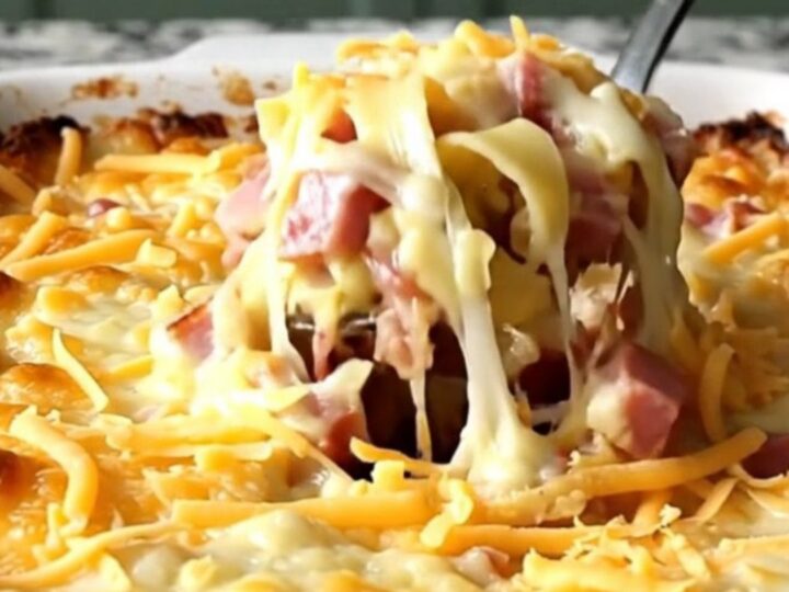 A top-down view of a creamy ham and Swiss noodle bake in a white ceramic dish, ready for the oven.
