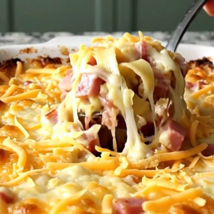 A top-down view of a creamy ham and Swiss noodle bake in a white ceramic dish, ready for the oven.