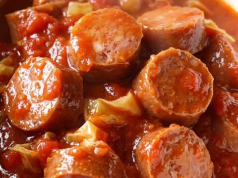 A close-up of a slow cooker filled with Italian sausage coins, cabbage, and rich tomato sauce.