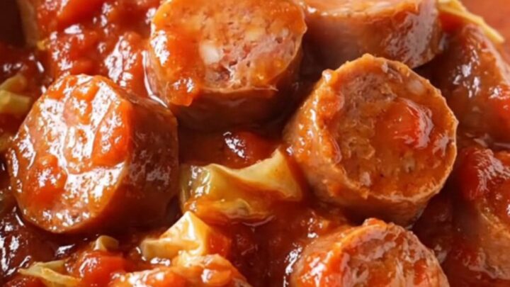 A close-up of a slow cooker filled with Italian sausage coins, cabbage, and rich tomato sauce.