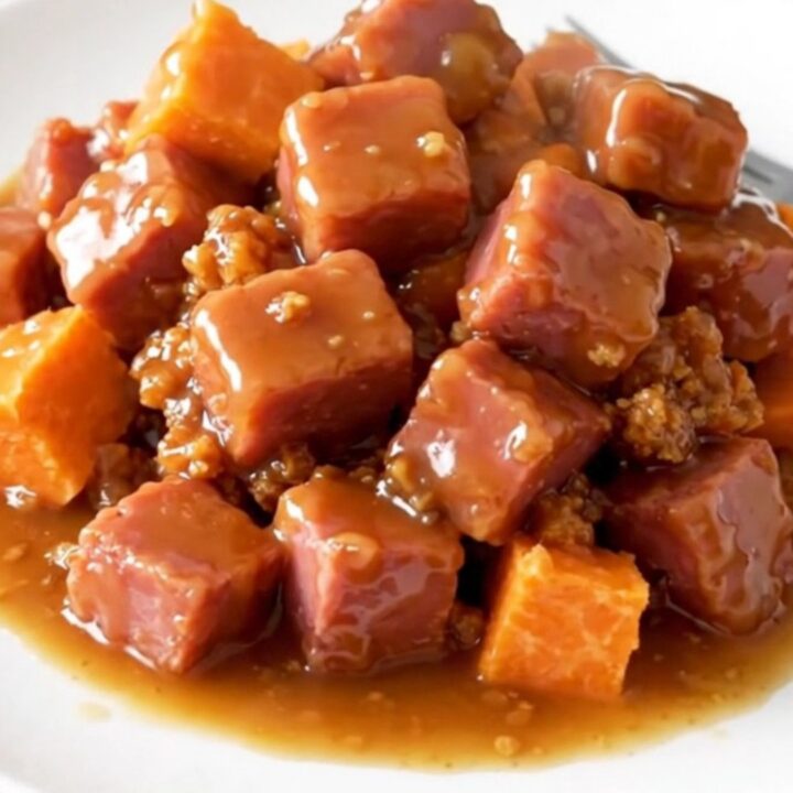 A close-up view of cooked ham cubes and soft sweet potato chunks in a rich
