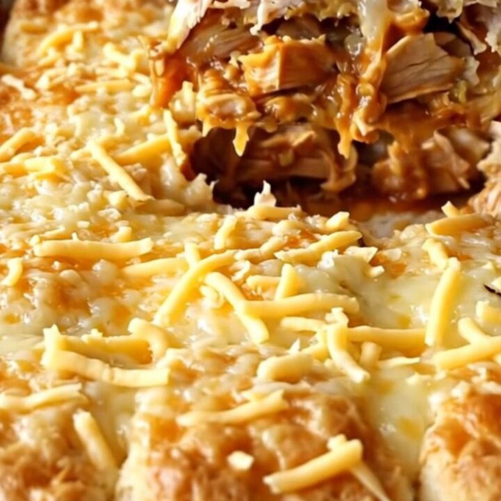 A golden, bubbly chicken enchilada bake in a ceramic dish, featuring puffed biscuits and melted cheese.
