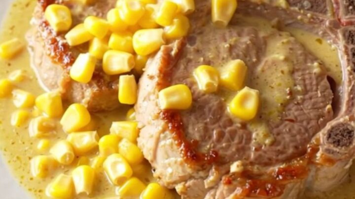 A close-up of tender, slow-cooked pork chops covered in a rich, creamy yellow corn sauce on a white plate.
