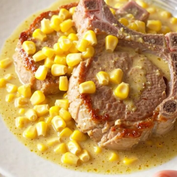 A close-up of tender, slow-cooked pork chops covered in a rich, creamy yellow corn sauce on a white plate.