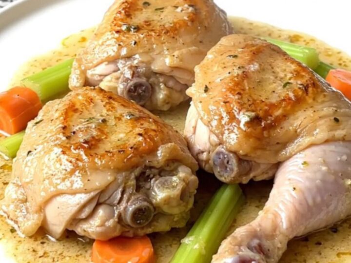 A close-up of a creamy chicken fricassee in a slow cooker with visible chicken thighs and carrots.