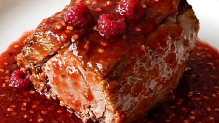 A close-up of a slow-cooked pork tenderloin smothered in a thick, glossy red raspberry pepper sauce.