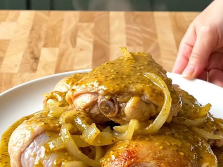 A stainless steel slow cooker filled with bone-in chicken thighs, sliced onions, and golden mustard barbecue sauce.