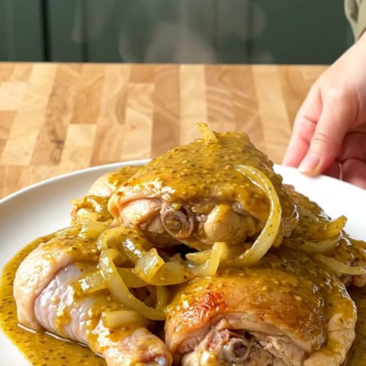 A stainless steel slow cooker filled with bone-in chicken thighs, sliced onions, and golden mustard barbecue sauce.