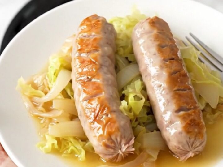 A top-down view of six raw bratwurst links arranged in a slow cooker with cabbage wedges and onions.