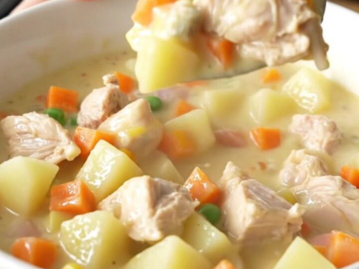 A close-up shot of the creamy chicken and vegetable stew in a white bowl with steam rising.