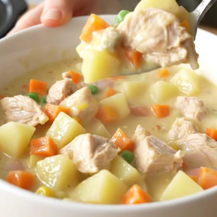 A close-up shot of the creamy chicken and vegetable stew in a white bowl with steam rising.