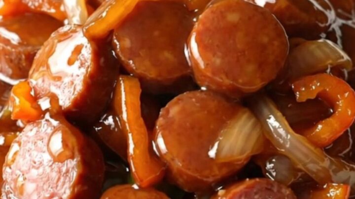 A close-up of Cajun honey smoked sausage coins with peppers and onions in a slow cooker.