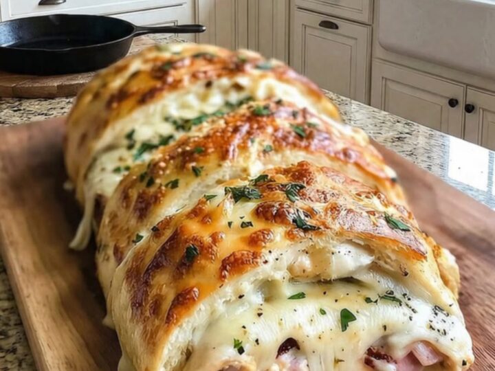 A golden-brown Chicken Cordon Bleu Stromboli sits on a wooden board, with a slice pulled away revealing gooey Swiss cheese.