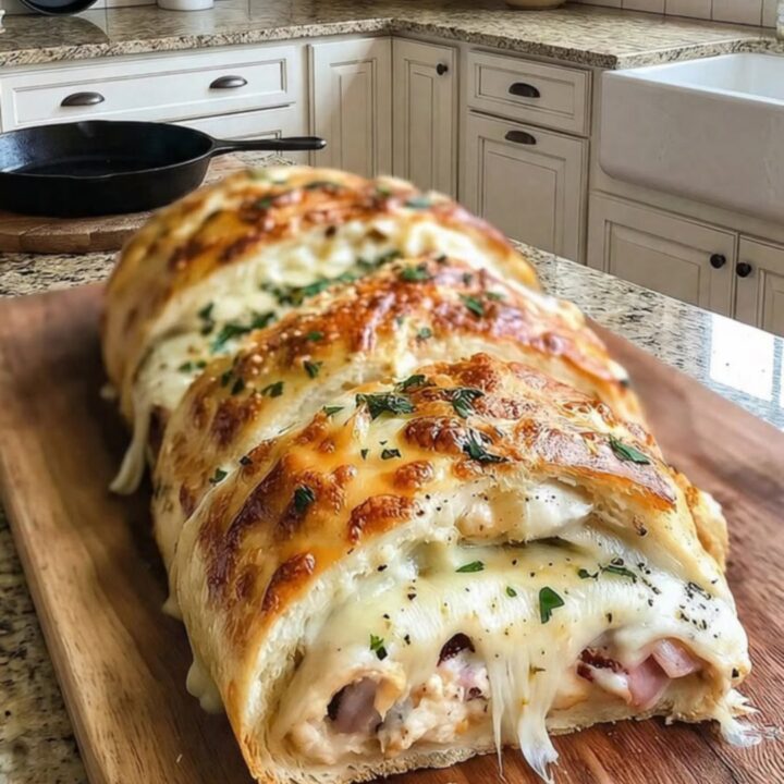 A golden-brown Chicken Cordon Bleu Stromboli sits on a wooden board, with a slice pulled away revealing gooey Swiss cheese.