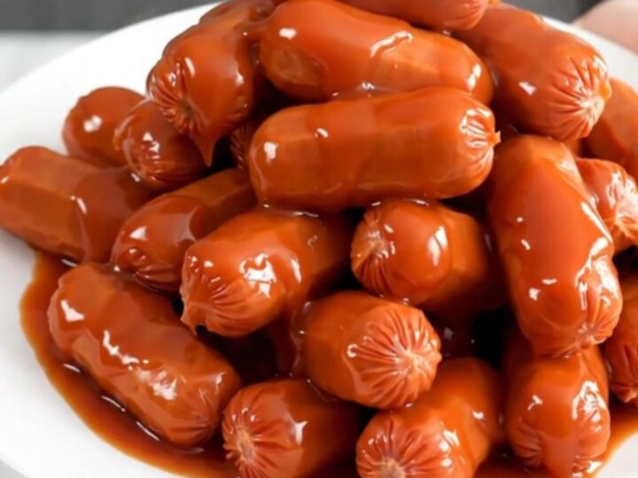 A slow cooker filled with glistening, maple sriracha glazed cocktail smokies ready for serving.