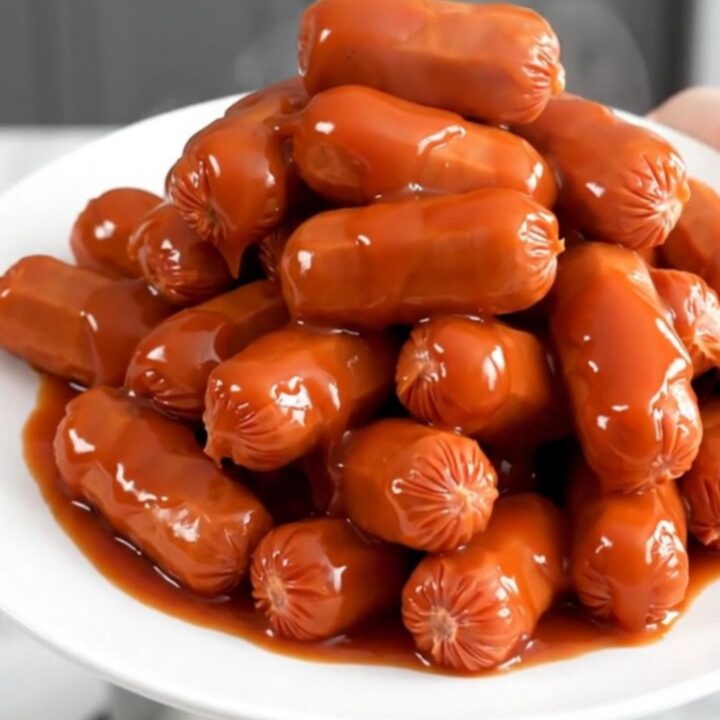 A slow cooker filled with glistening, maple sriracha glazed cocktail smokies ready for serving.