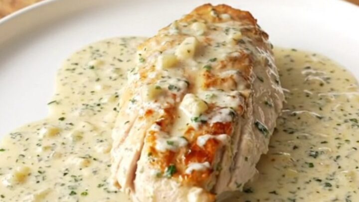 A serving spoon lifting a tender, creamy Caesar-coated chicken breast from a slow cooker.