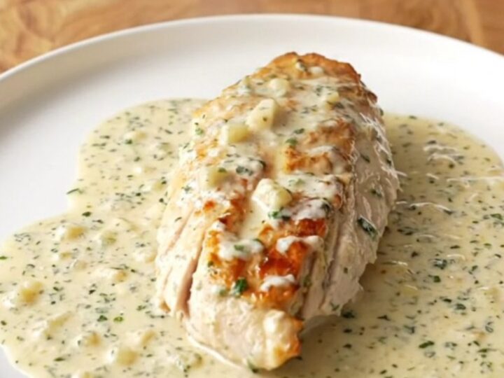 A serving spoon lifting a tender, creamy Caesar-coated chicken breast from a slow cooker.