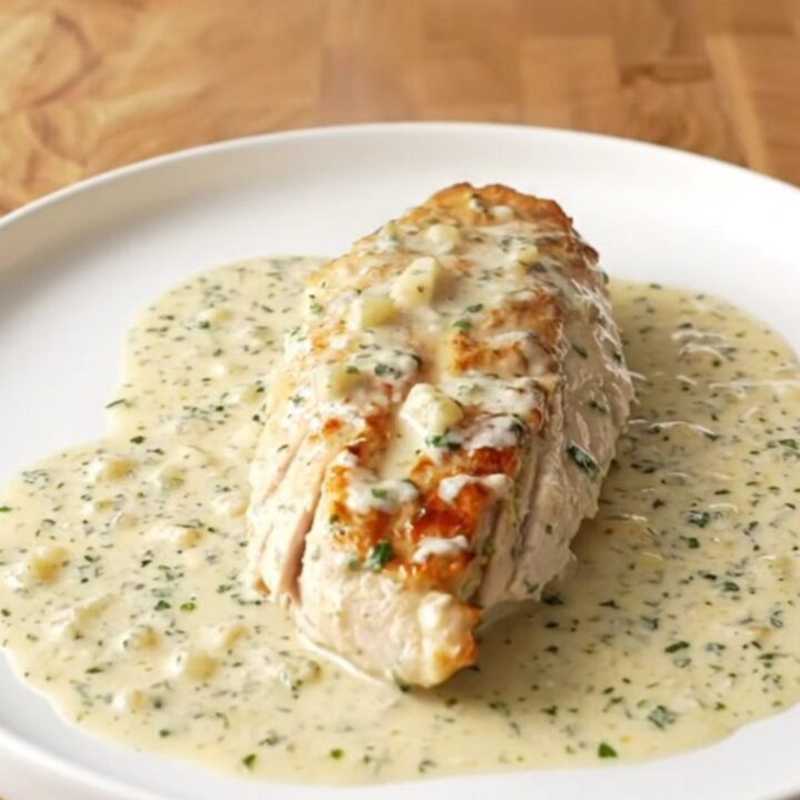 A serving spoon lifting a tender, creamy Caesar-coated chicken breast from a slow cooker.
