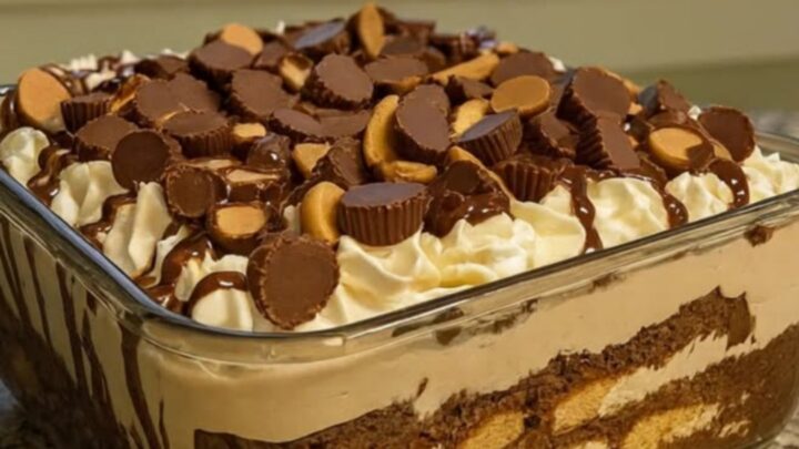A beautiful peanut butter chocolate trifle in a glass bowl with visible layers.