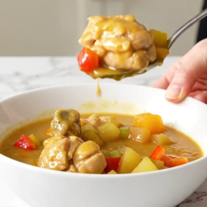 A shallow bowl of chicken etouffee with tender chicken and vegetables in a thick golden gravy.