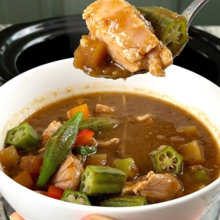A bowl of chicken and okra gumbo served over rice with steam rising from the dish.