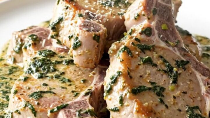 Slow cooker filled with tender pork chops smothered in a creamy spinach and artichoke sauce.
