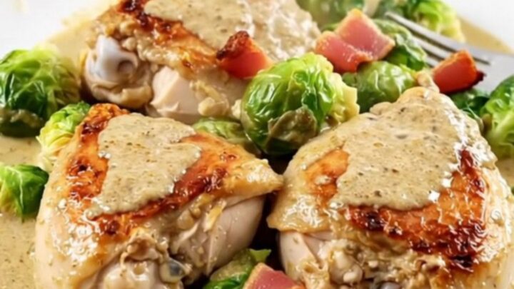 A top-down view of creamy slow cooker chicken thighs with bacon and Brussels sprouts in a black slow cooker.