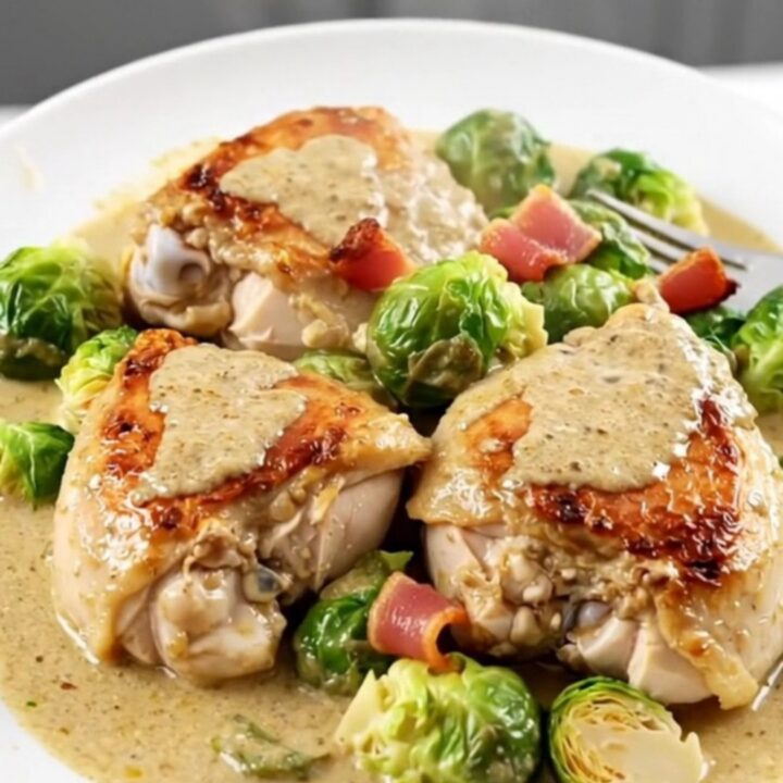 A top-down view of creamy slow cooker chicken thighs with bacon and Brussels sprouts in a black slow cooker.
