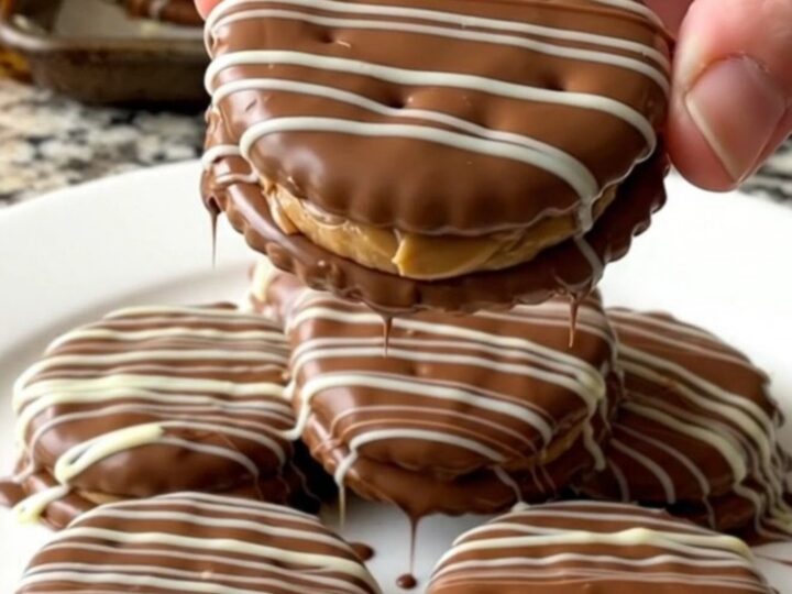 A close-up of chocolate covered peanut butter cracker sandwiches arranged neatly on a parchment-lined baking sheet.