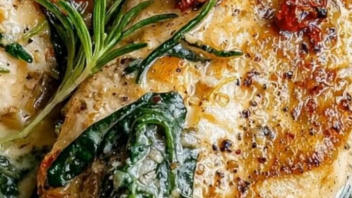 A wide shot of a rustic cast iron skillet filled with creamy Tuscan chicken, wilted spinach, and sun-dried tomatoes.