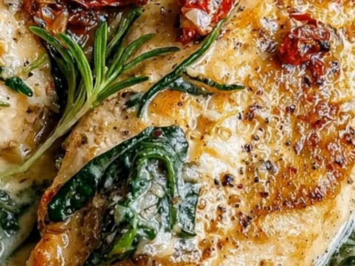 A wide shot of a rustic cast iron skillet filled with creamy Tuscan chicken, wilted spinach, and sun-dried tomatoes.