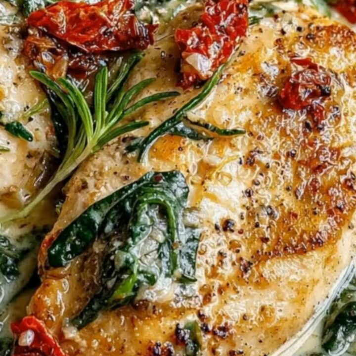 A wide shot of a rustic cast iron skillet filled with creamy Tuscan chicken, wilted spinach, and sun-dried tomatoes.