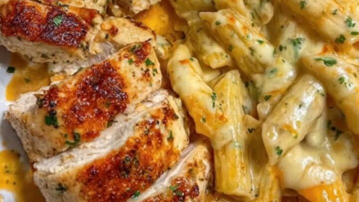 A white rectangular plate featuring golden seared chicken breast slices arranged alongside a serving of creamy parmesan penne