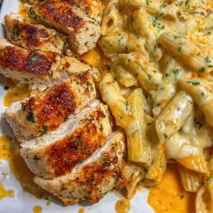A white rectangular plate featuring golden seared chicken breast slices arranged alongside a serving of creamy parmesan penne