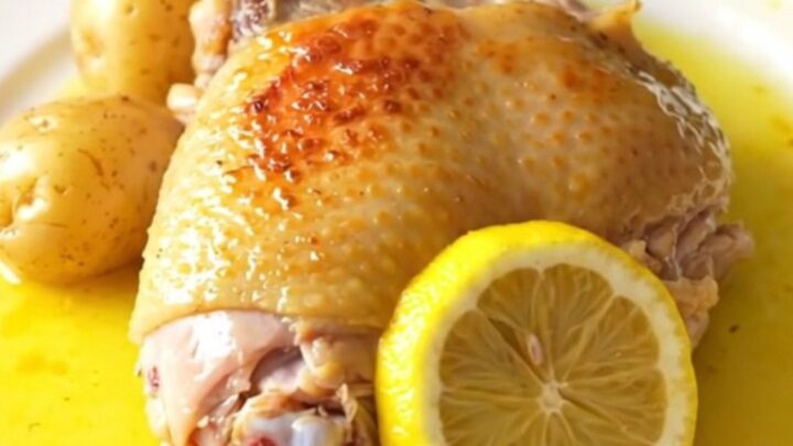 A high-angle shot of skinless bone-in turkey thighs, baby potatoes, and lemon slices in a slow cooker.