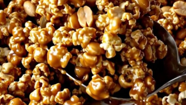 A large ceramic baking dish filled with golden caramel-coated popcorn and roasted peanuts.