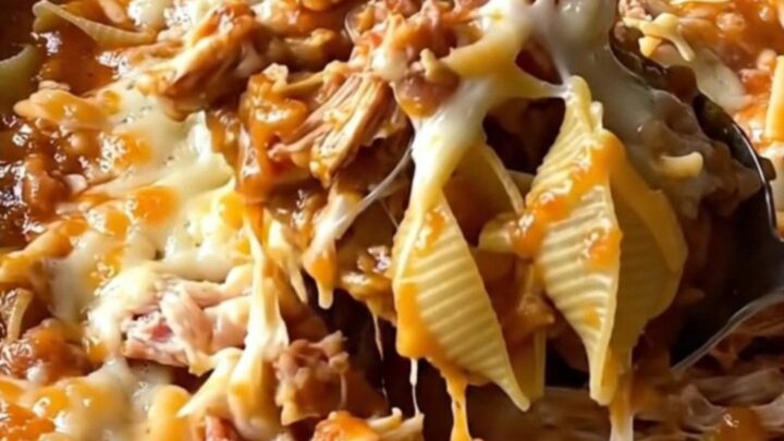 A top-down view of a rectangular baking dish filled with pasta shells, ground turkey, and melted cheese.