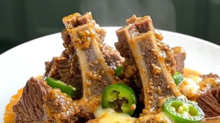 A bowl of slow-cooked beef tips in a creamy white sauce with sliced green jalapenos.