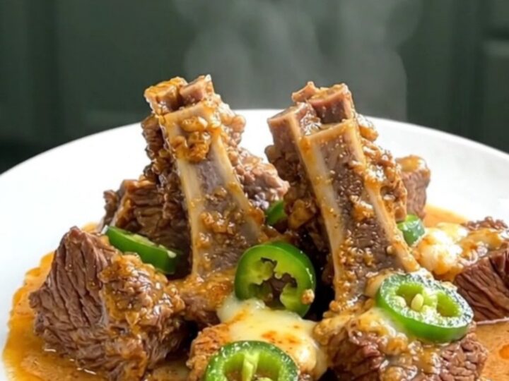 A bowl of slow-cooked beef tips in a creamy white sauce with sliced green jalapenos.