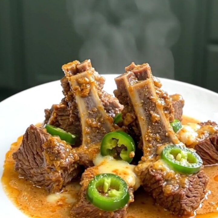 A bowl of slow-cooked beef tips in a creamy white sauce with sliced green jalapenos.