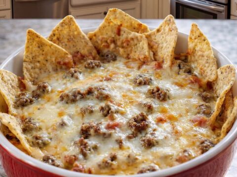 A red ceramic bowl filled with creamy sausage beer cheese dip surrounded by crunchy tortilla chips.