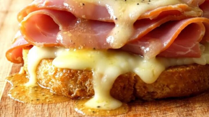 A close-up of the slow cooker filled with layers of deli ham, melted Swiss cheese, and poppy seeds in a buttery sauce.
