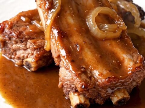 A close-up of tender, slow-cooked baby back ribs in a crockpot with a savory brown sugar and beer glaze.