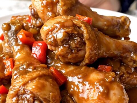 A close-up of tender jerk chicken drumsticks served on a white plate with a thick, glossy brown sugar glaze.