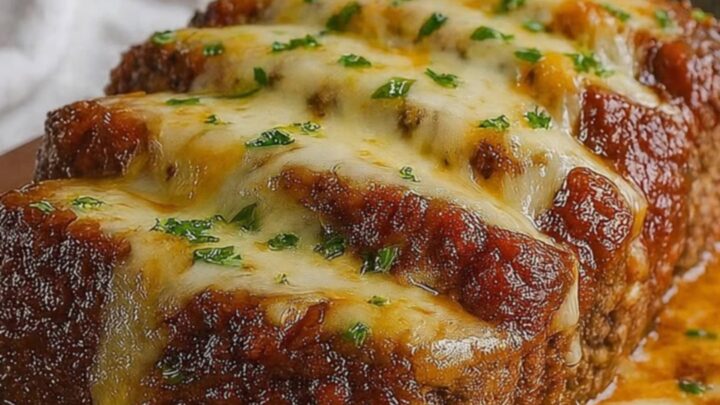 A thick slice of French onion meatloaf on a wooden board, showing layers of beef and melted, bubbly gruyere cheese.