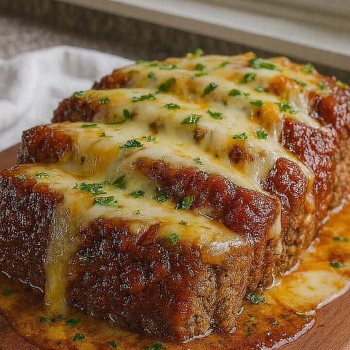 A thick slice of French onion meatloaf on a wooden board, showing layers of beef and melted, bubbly gruyere cheese.